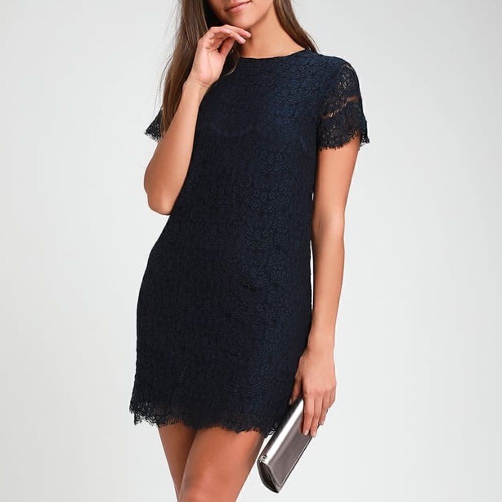 Lulus “Take Me to Brunch Navy Blue Lace Shift Dress” Size M
